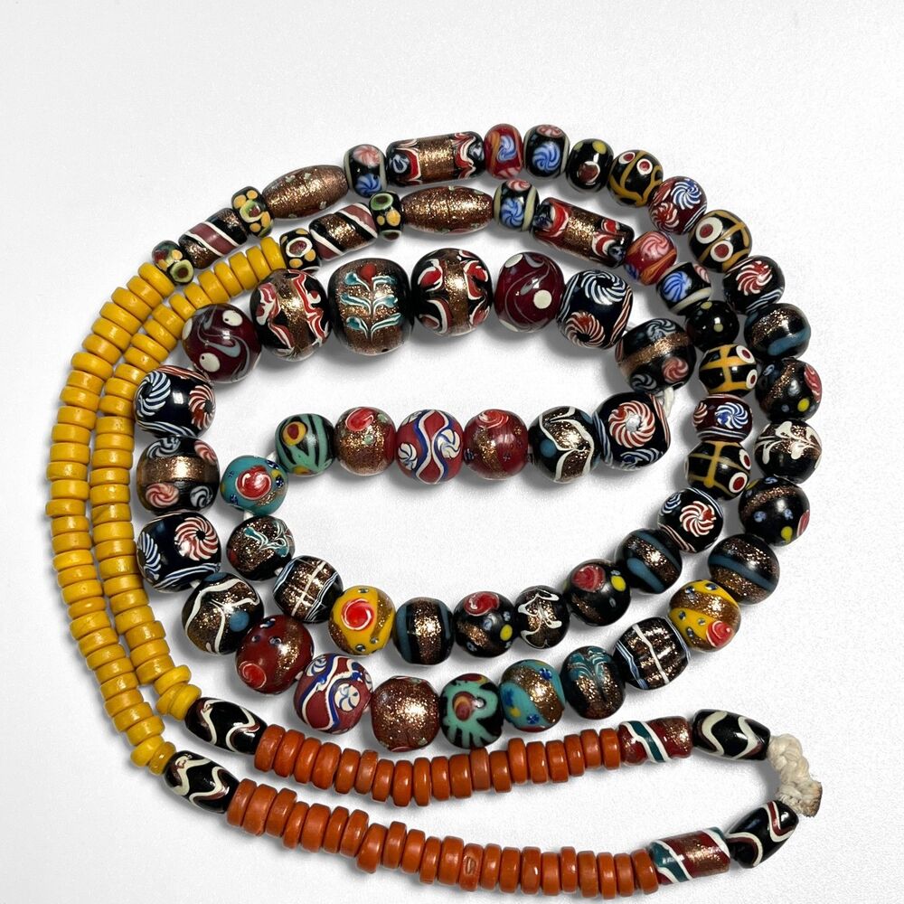 Handmade Java Art Glass Bead Necklace Indonesian Colorful Lampwork 34" Strand